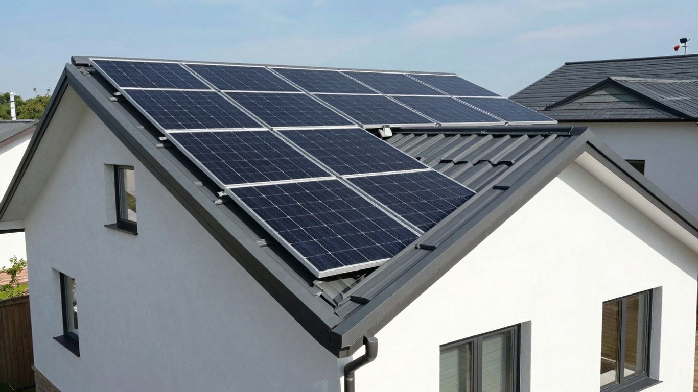 Solar panels on a house roof, aerovoltaic installation.
