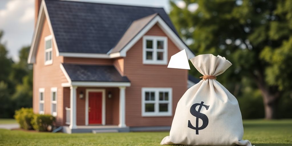 House with a money bag and down arrow.