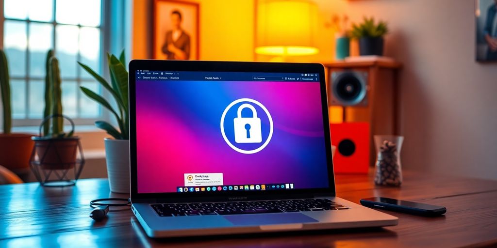 Laptop with lock symbol in cozy Tucson workspace.