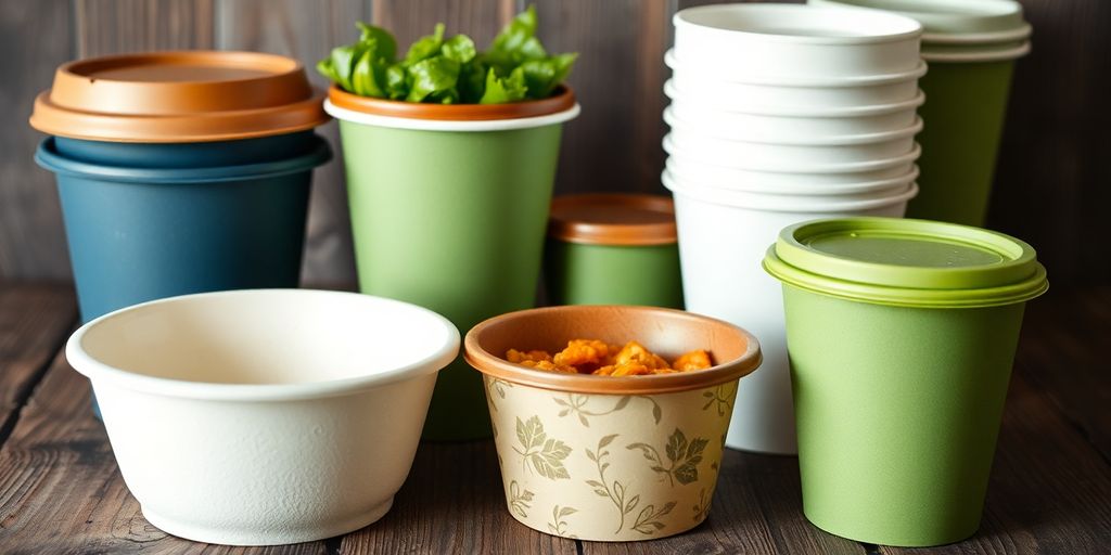 Biodegradable food containers and cups on a wooden table.