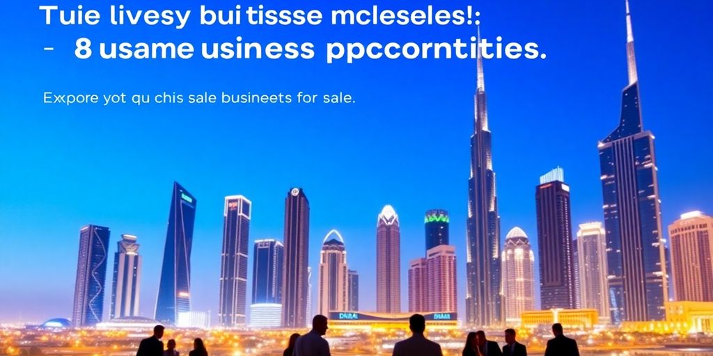 Dubai skyline with business people discussing opportunities.