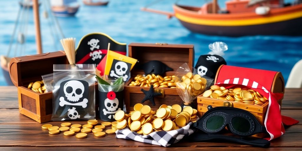 Colourful pirate party favours on a wooden table.