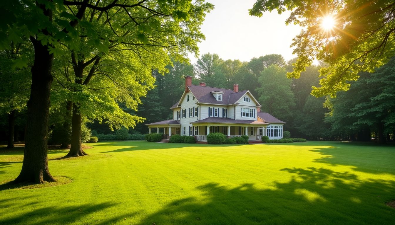 Large house with trees and fields enhancing property value.