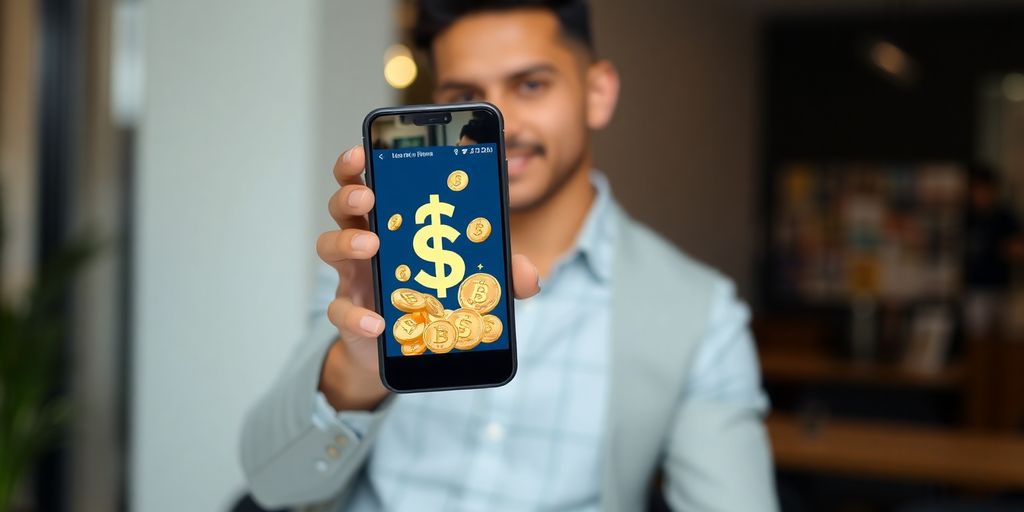 Influencer holding a phone with a money icon.