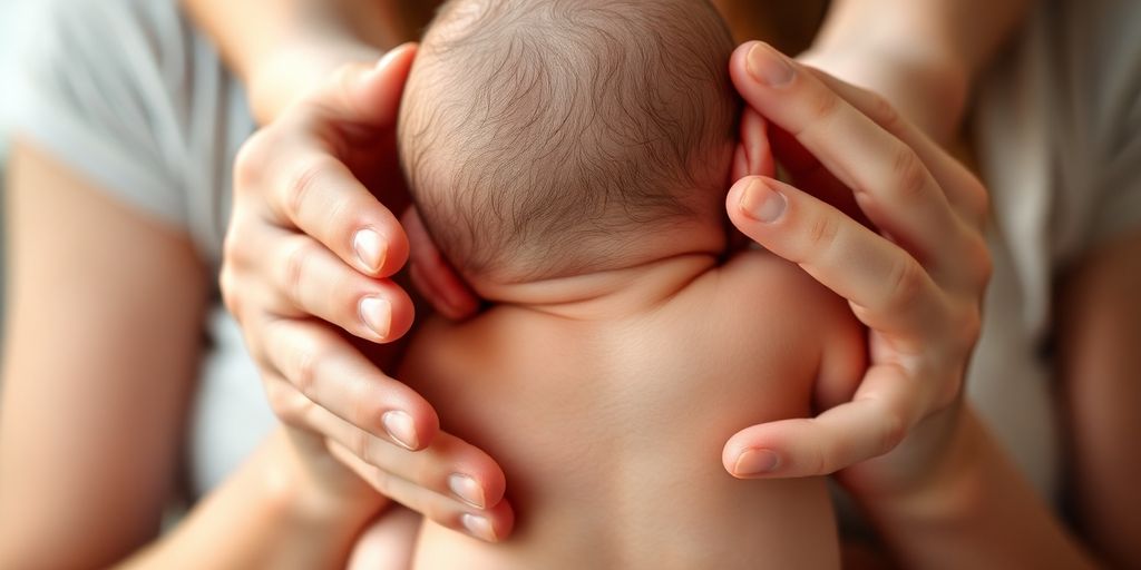Mãos femininas segurando bebê recém-nascido.
