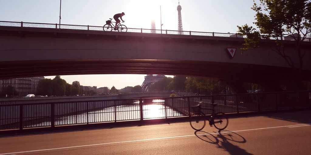 Un cycliste traverse un pont à Paris avec la Tour Eiffel en arrière-plan.