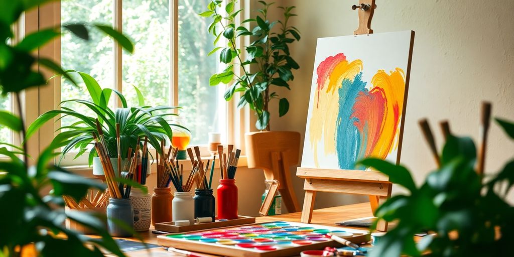 Artistic workspace with paints, brushes, and canvas.