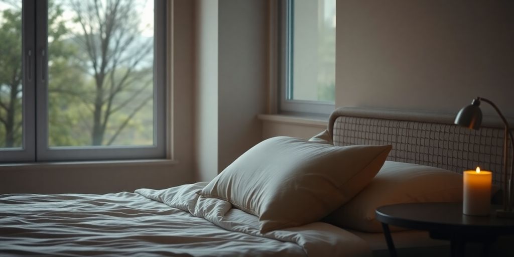 Cozy bedroom with soft bedding and calming ambiance.