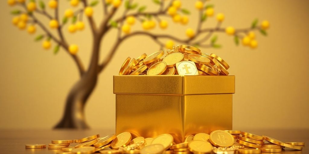 Coffre cadeau rempli de pièces d'or et bijoux.