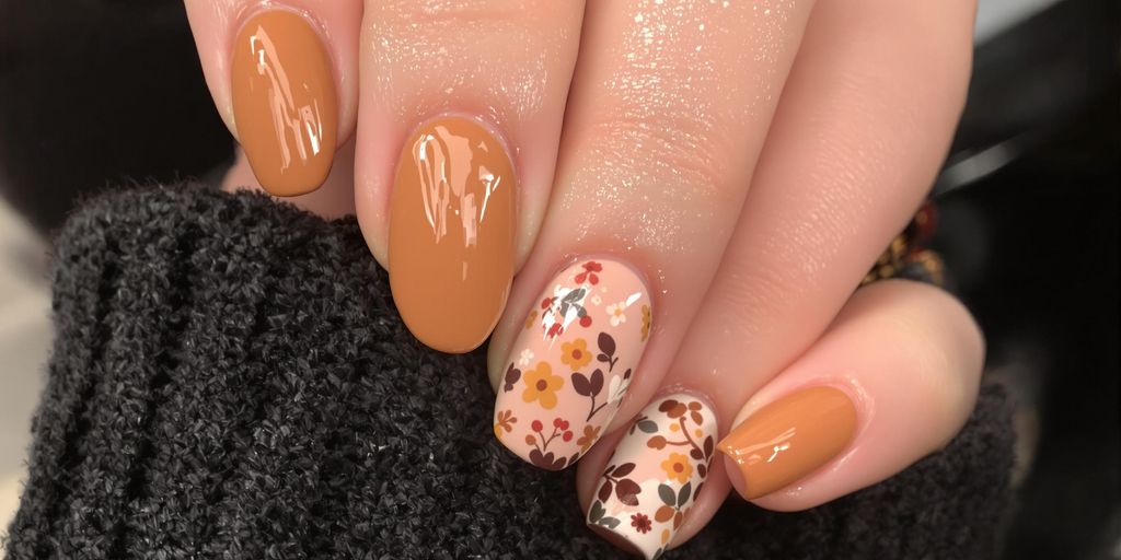 Unhas caramelo decoradas com designs naturais e florais.