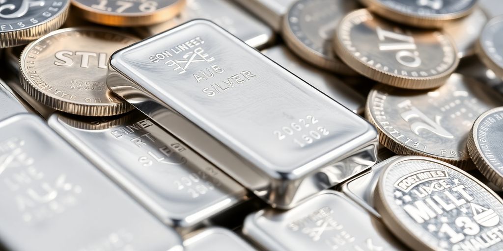 Lingots et pièces d'argent brillants et bien disposés.