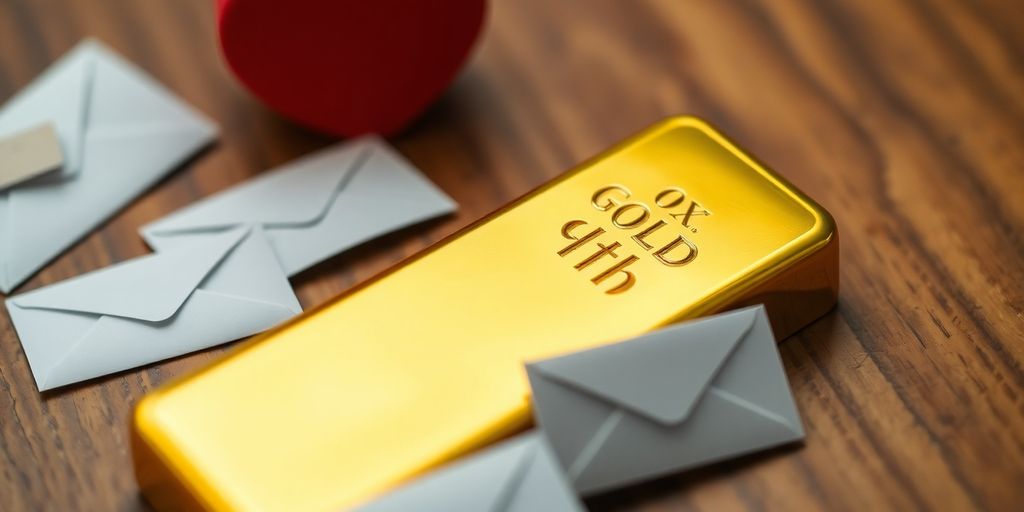 Barre d'or avec enveloppes de dons sur une table.