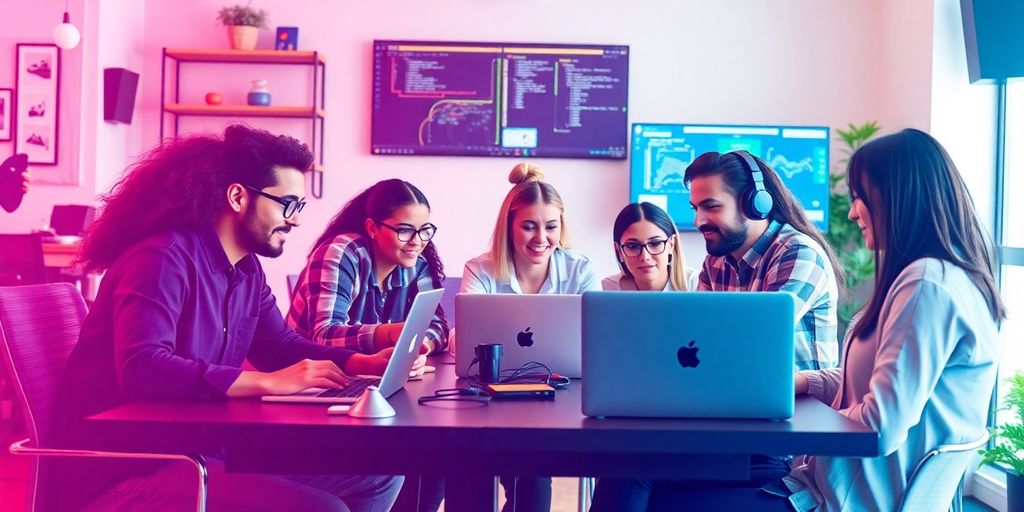 Remote IT professionals collaborating in a modern workspace.