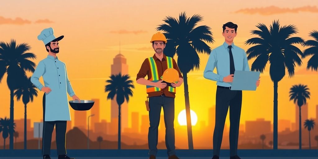 Three diverse professionals in front of LA skyline at sunset.