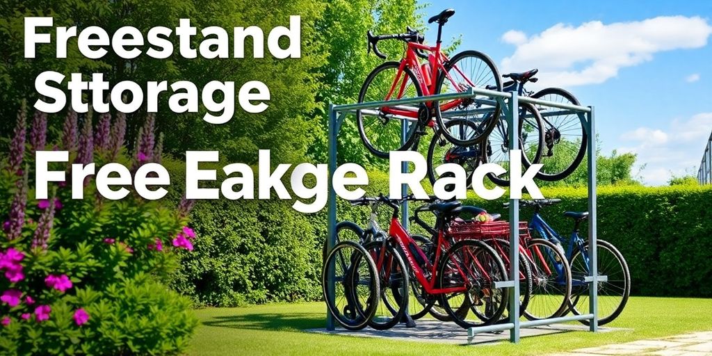 Freestanding bike storage rack with bicycles in a park.