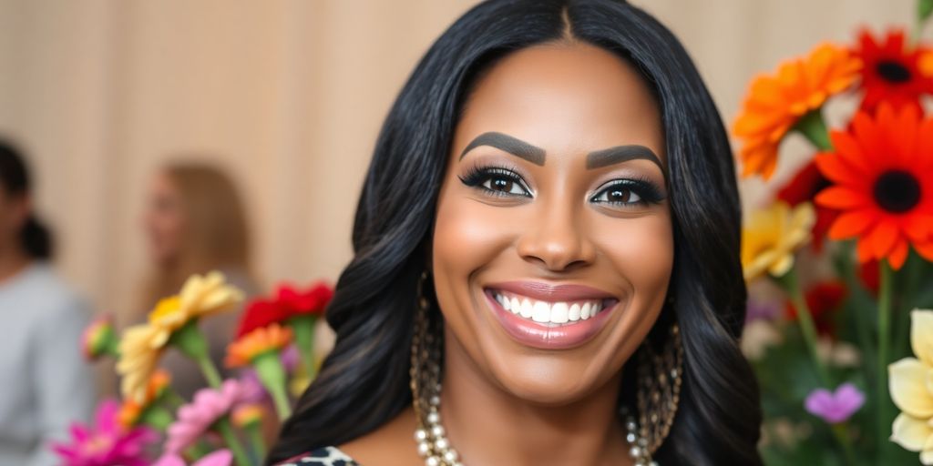 Vanessa Bryant smiling at a philanthropic event, surrounded by flowers.