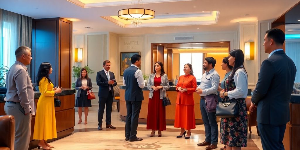 Hotel lobby with diverse guests and multilingual staff interaction.
