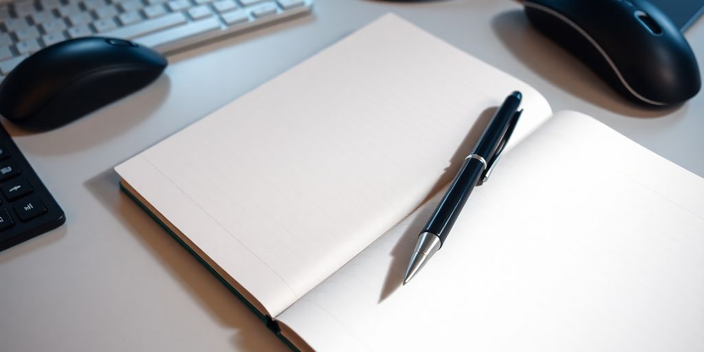 Open notebook with pen on a trading desk.