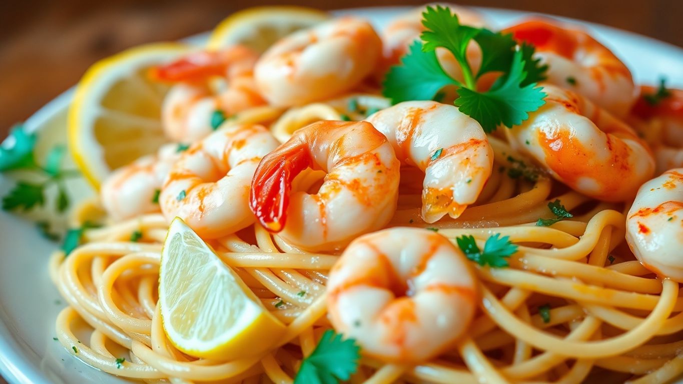 Prato de espaguete com camarão scampi e limão.