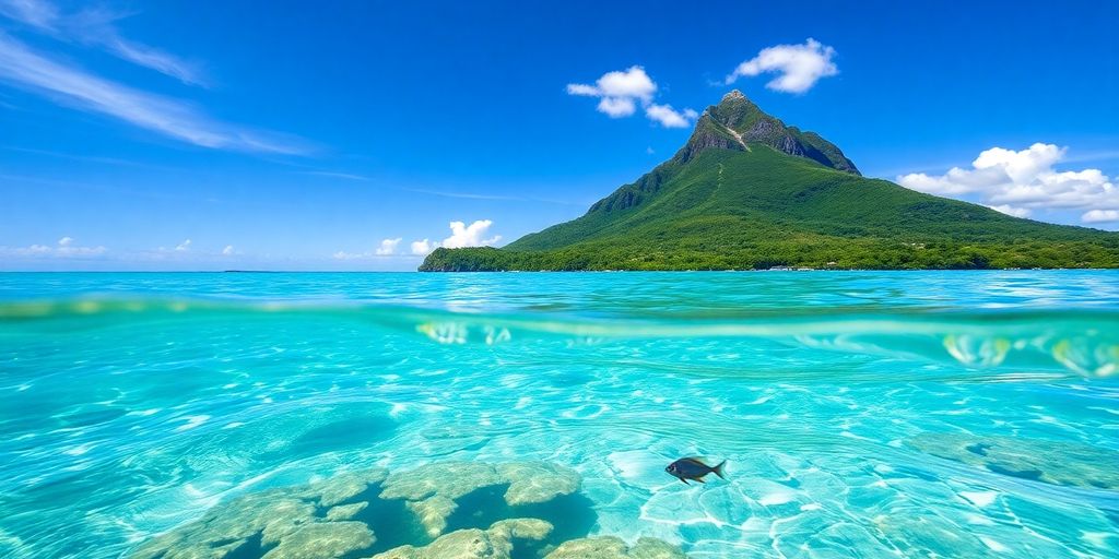 Crystal clear turquoise water surrounds a lush green island.