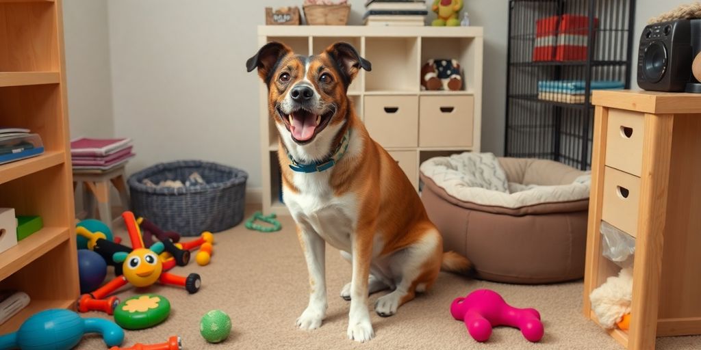 Happy rescue dog in a cozy, safe training environment.