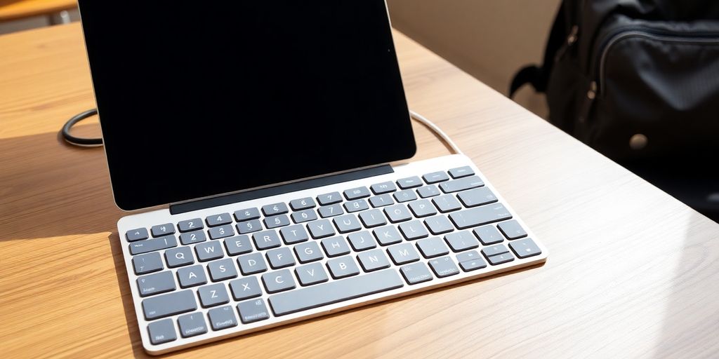 Magic Keyboard attached to iPad on a school desk.