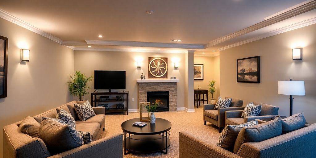 Cozy finished basement with modern furniture and warm lighting.
