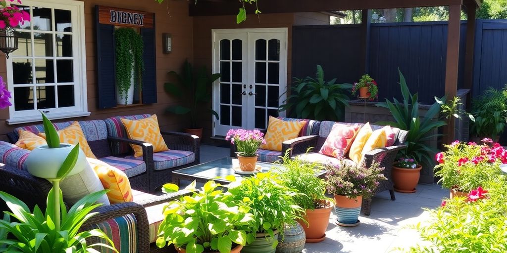Comfortable patio furniture arranged on a lush green lawn.