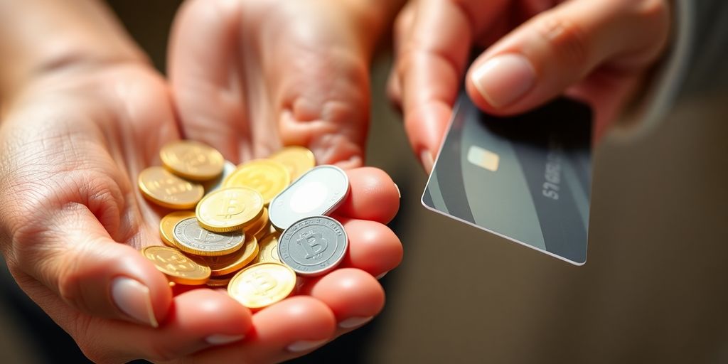 Close-up of diverse hands holding coins and a credit card.