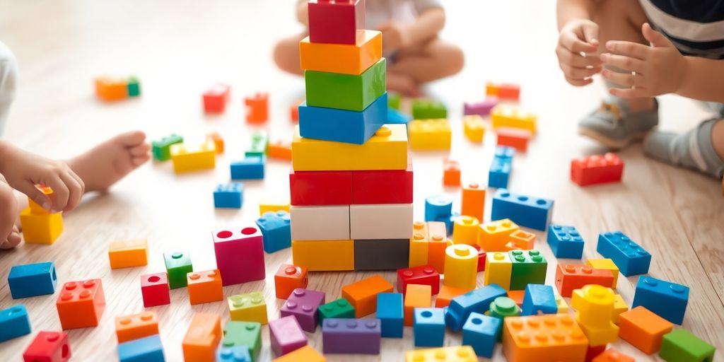 Bambini di diverse età giocano con blocchi e mattoncini colorati.
