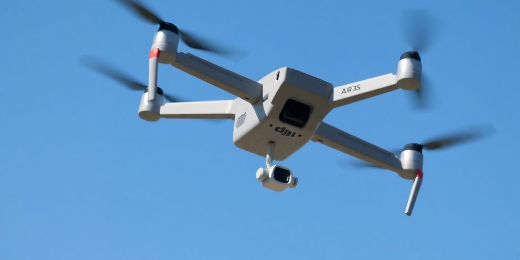 Drone DJI Air 3S en vol dans le ciel bleu.