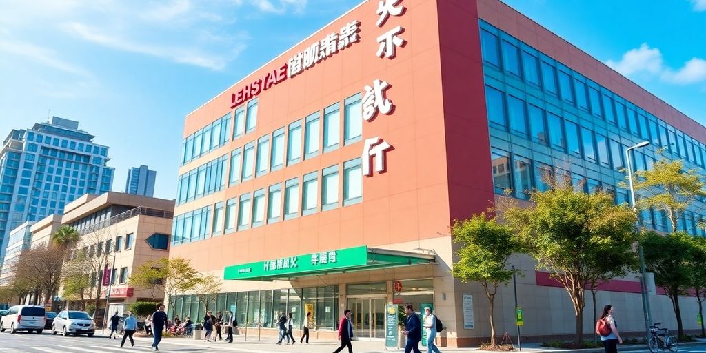 Modern healthcare facility in Shanghai with bustling activity.