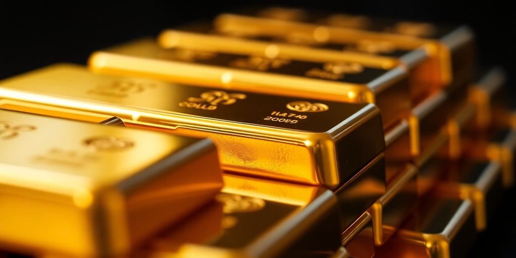 Gros plan de barres d'or brillantes empilées.