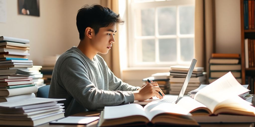 Student writing, surrounded by books.