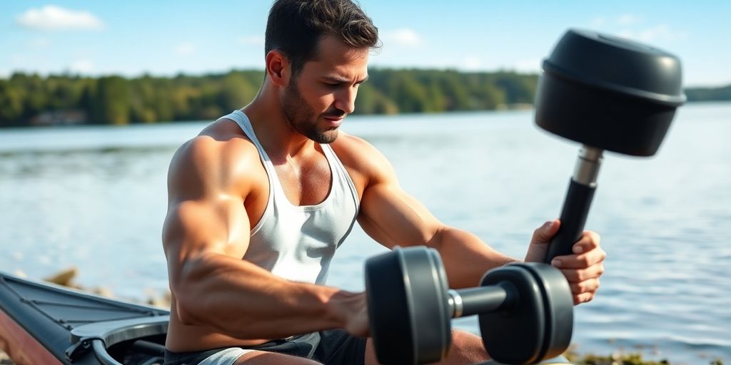 Kayaker lifting weights by the water.