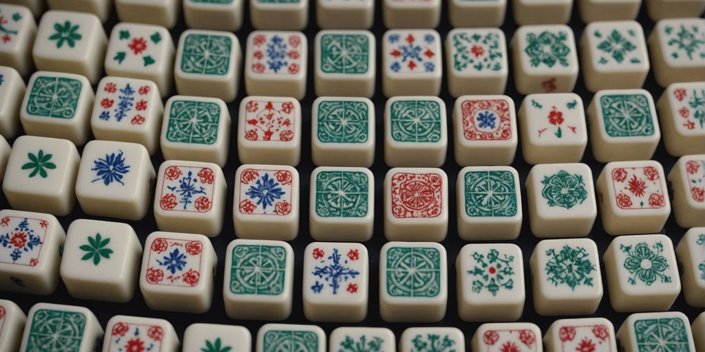 Close-up of Mahjong tiles in various sizes and designs, arranged in a grid pattern.