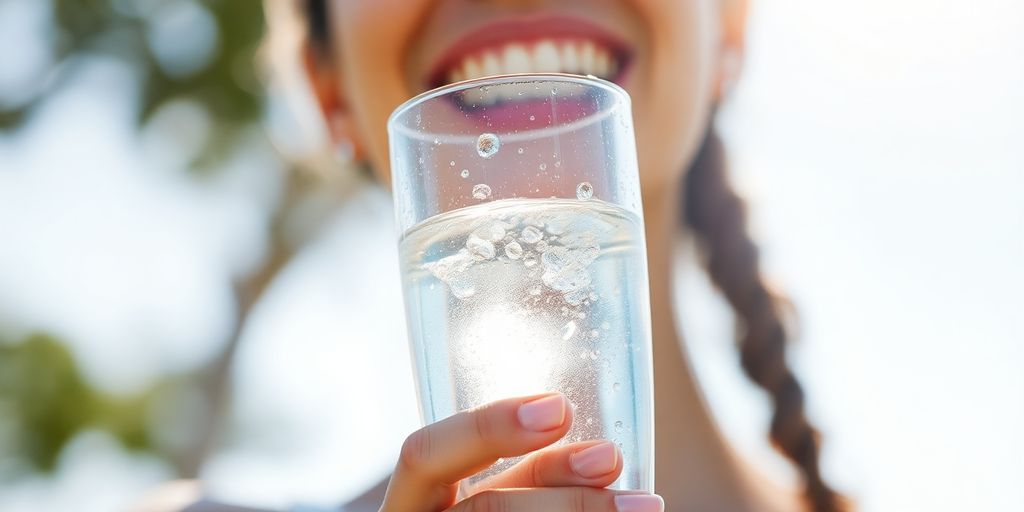 Refreshing glass of water with condensation in sunlight.