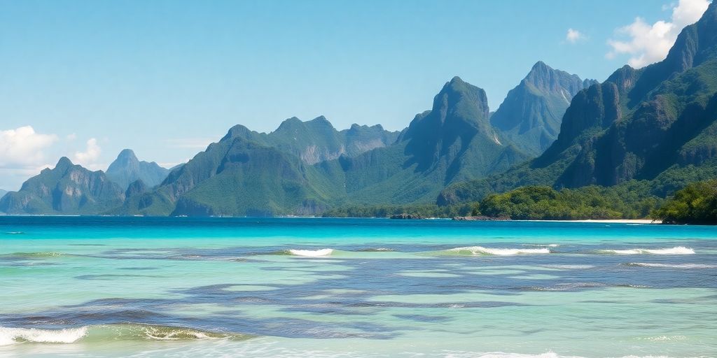 Tropical islands with vibrant blue water and lush green mountains.