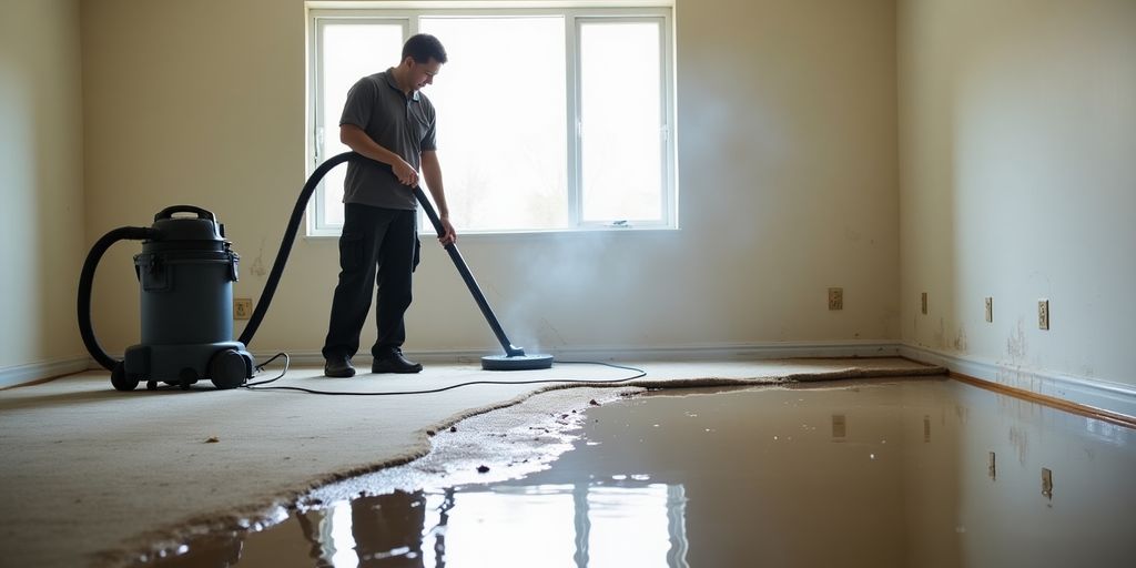 Professional extracting water from a flooded living room.