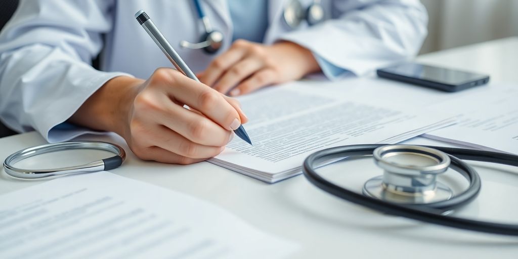 Medical assistant writing a cover letter at a desk.