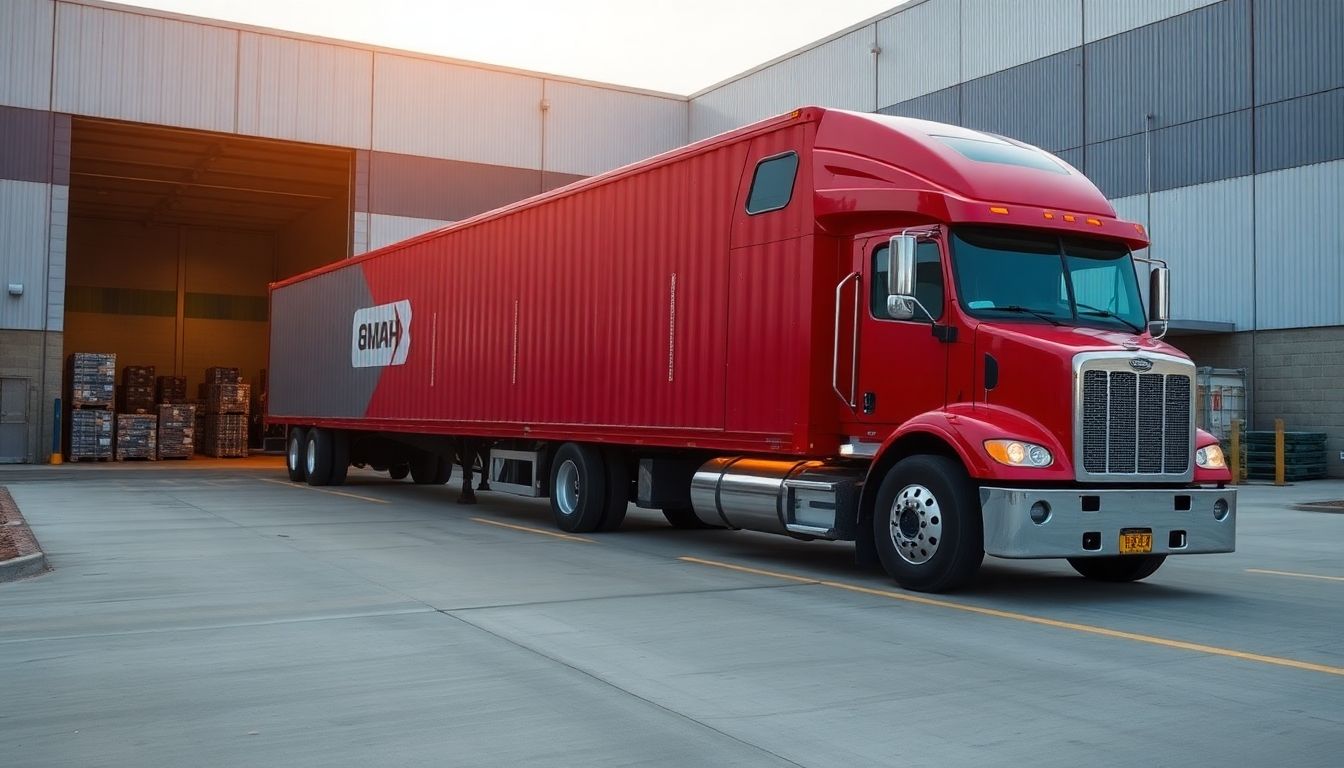 Tractor-trailer unloading goods at a warehouse facility.