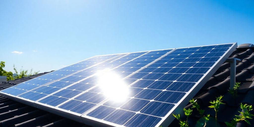 Solar panel on a rooftop under a clear blue sky.