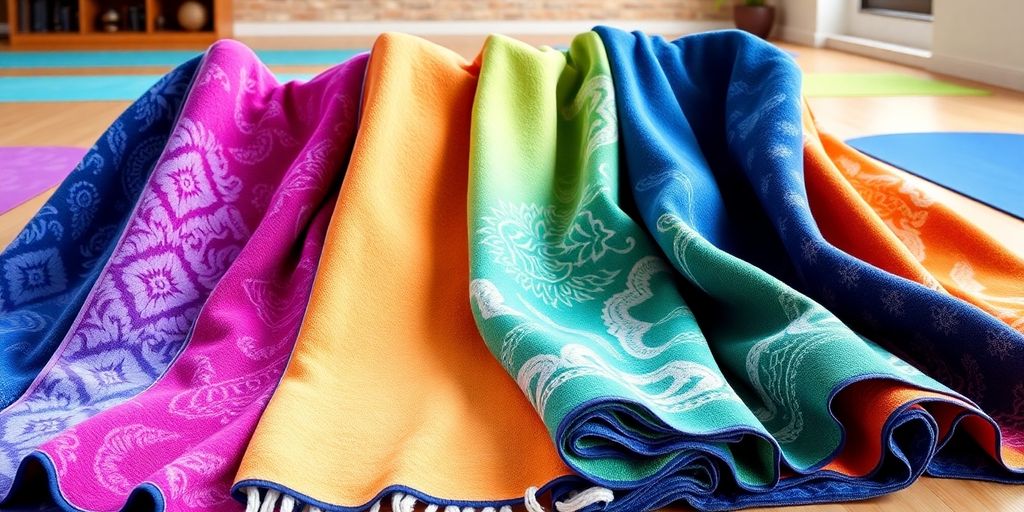 Colorful yoga towels in a serene studio setting.