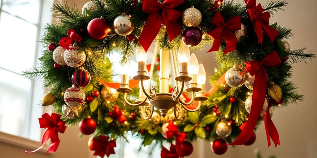 Festively decorated chandelier with lights and ornaments for Christmas.