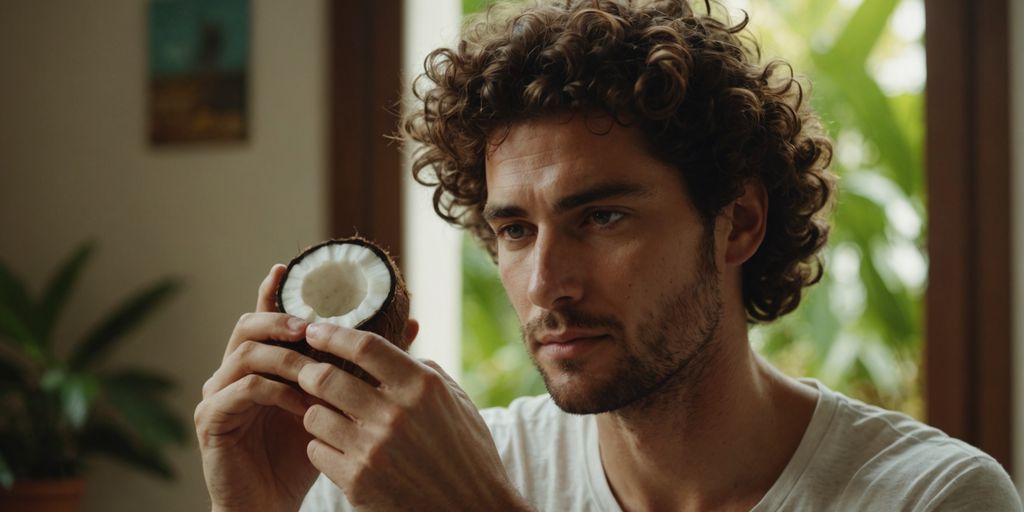 Curly-haired man using coconut oil on hair