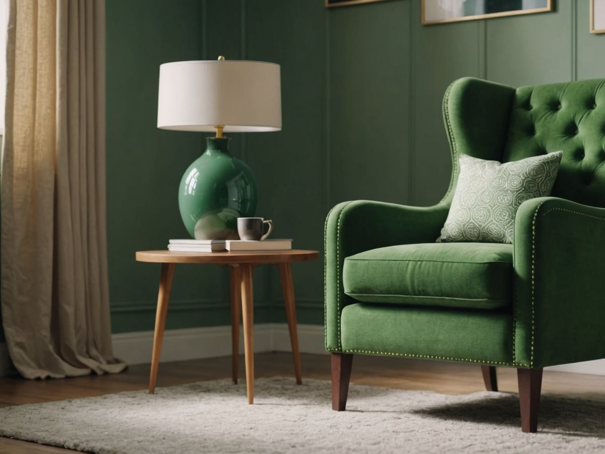 Green armchair in room with neutral decor accents.