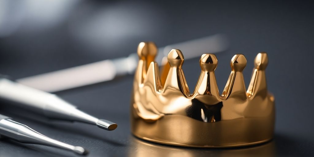 Couronne dentaire en or avec outils dentaires.