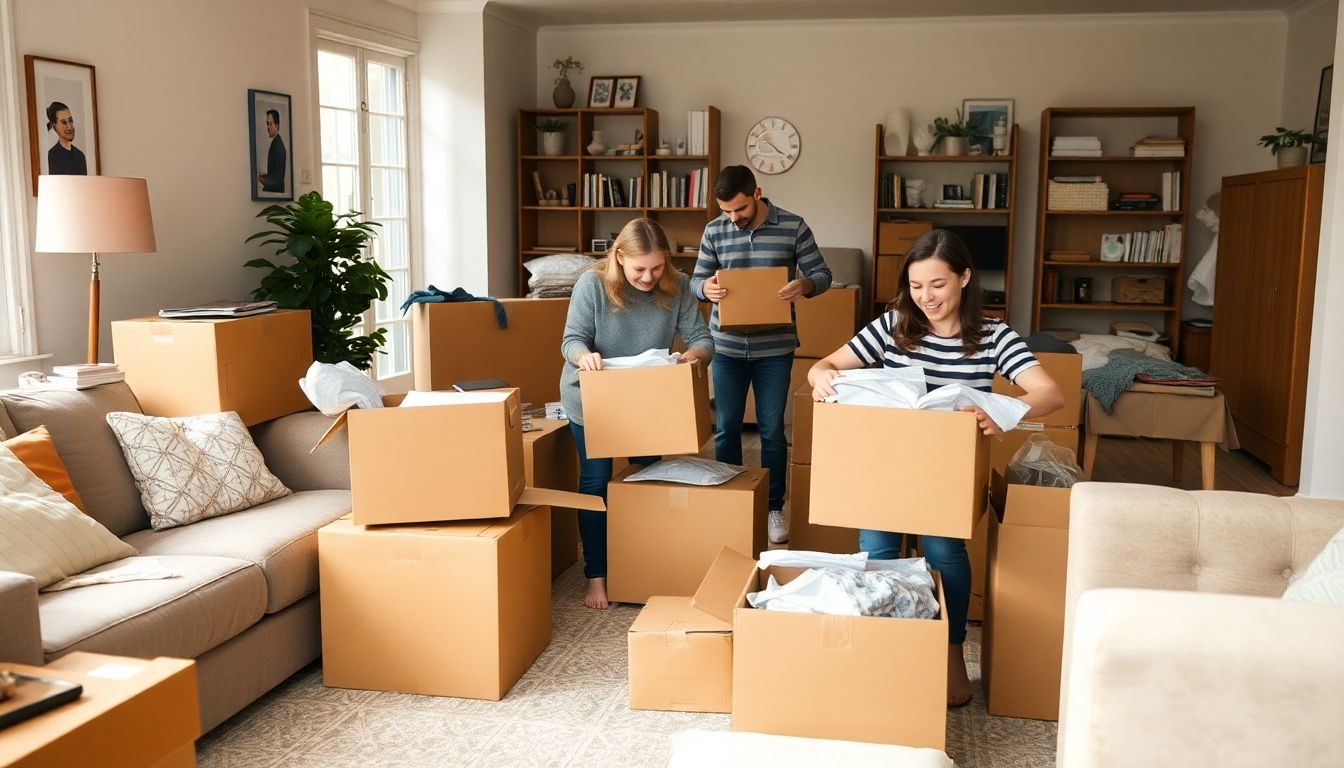 Family packing belongings for a move in London.