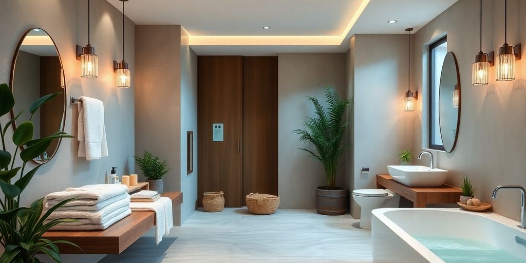 A serene bathroom with soft lighting and greenery.
