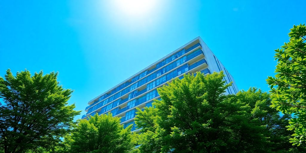 Edificio residencial con árboles verdes bajo cielo azul.